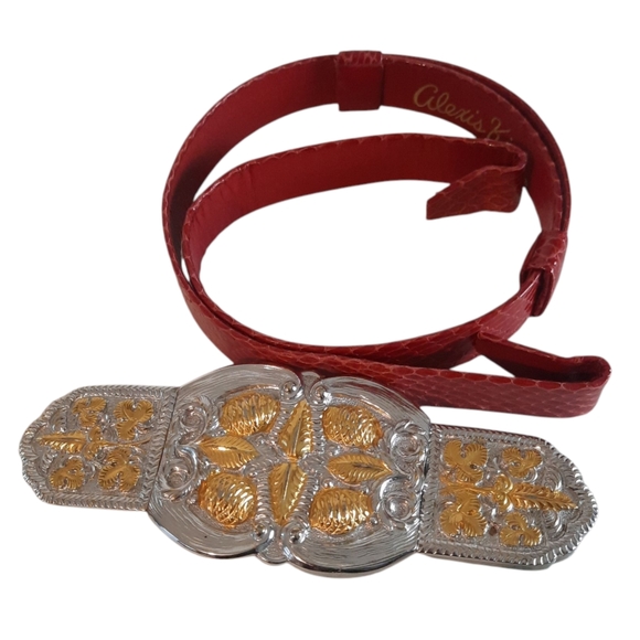 Vtg ALEXIS KIRK Red Snakeskin Belt w/ 2pc Gold/Silver Etruscan Style Buckle O/S main image 8